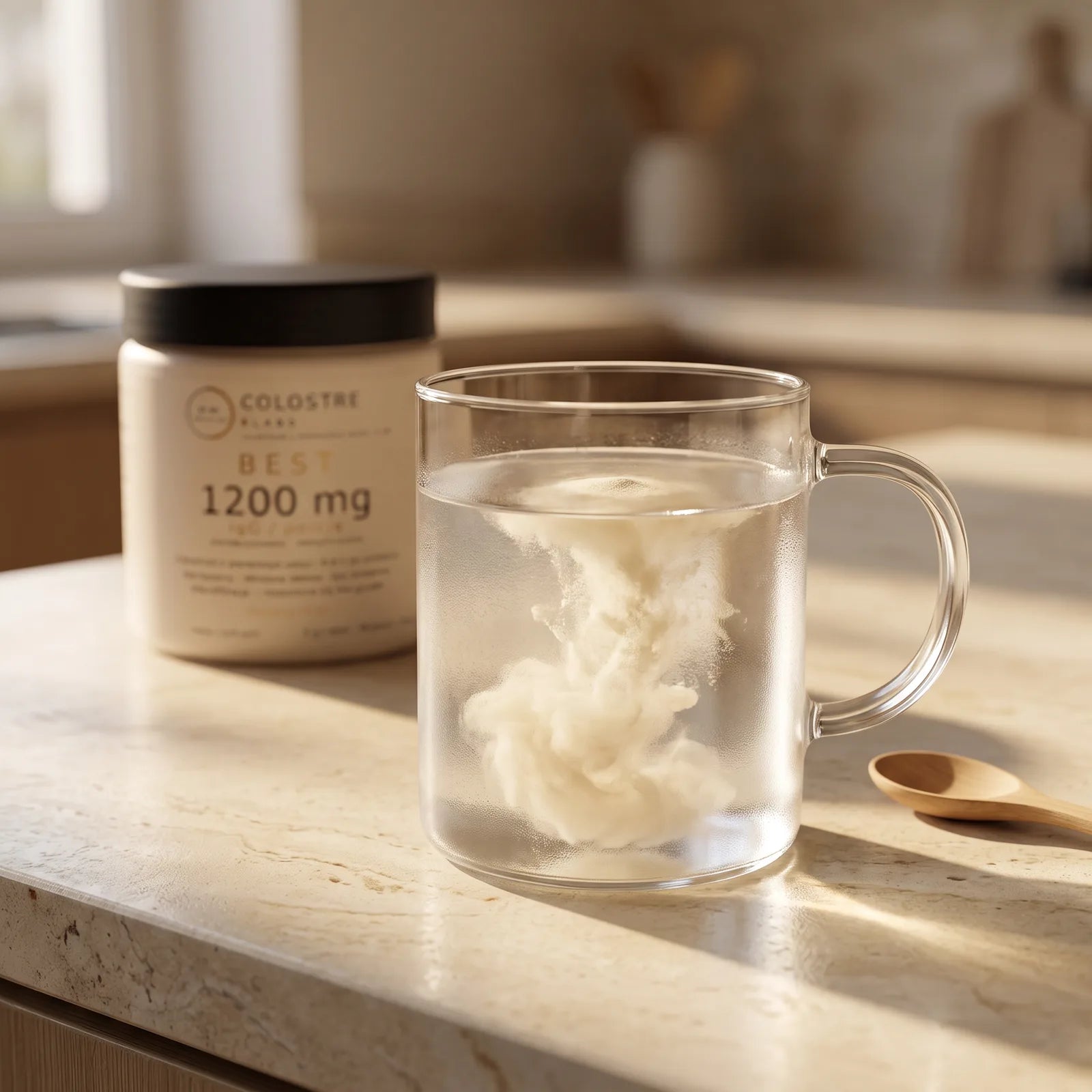 Colostrum rozpuszczające się w szklance wody